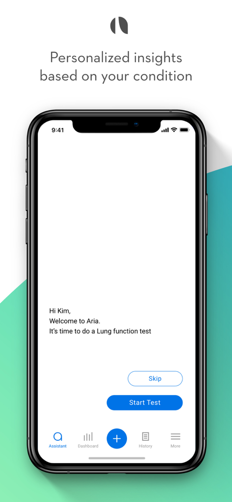 NuvoAir Home - NuvoAir Home app welcome screen with a button to start a lung function test
