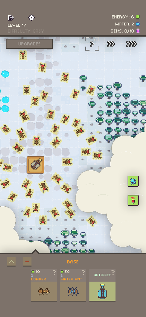 Ants vs Robots - Captura de pantalla de jugabilidad de Ants vs Robots mostrando una colonia de hormigas siendo gestionada con controles de construcción de bases e íconos de recursos.