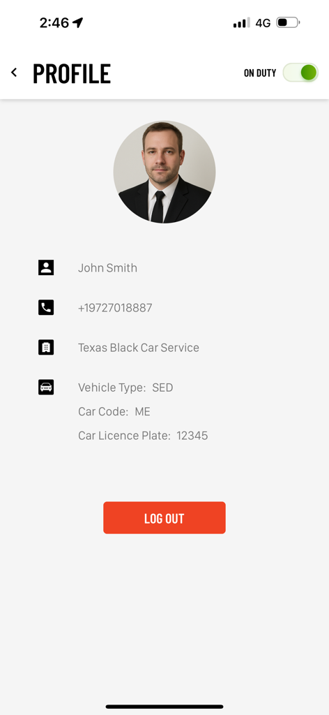 Schermata del profilo dell'app DriverAnywhere 4.0 che mostra le informazioni dell'autista e lo stato di servizio