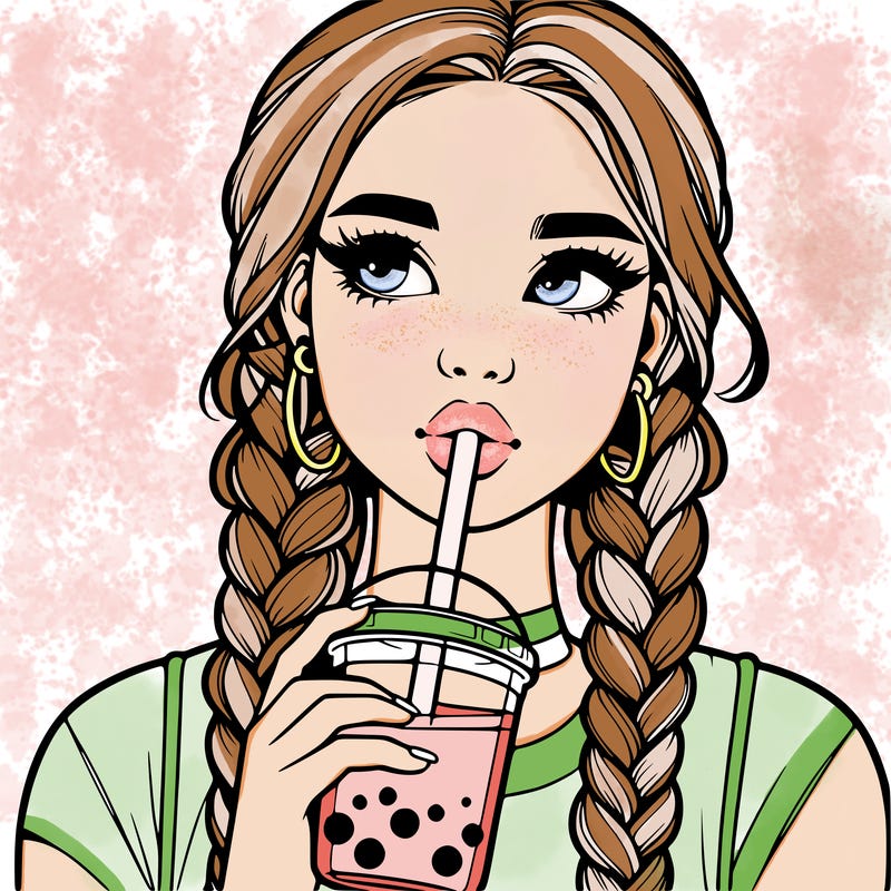 realistic girl with braided hair drinking boba