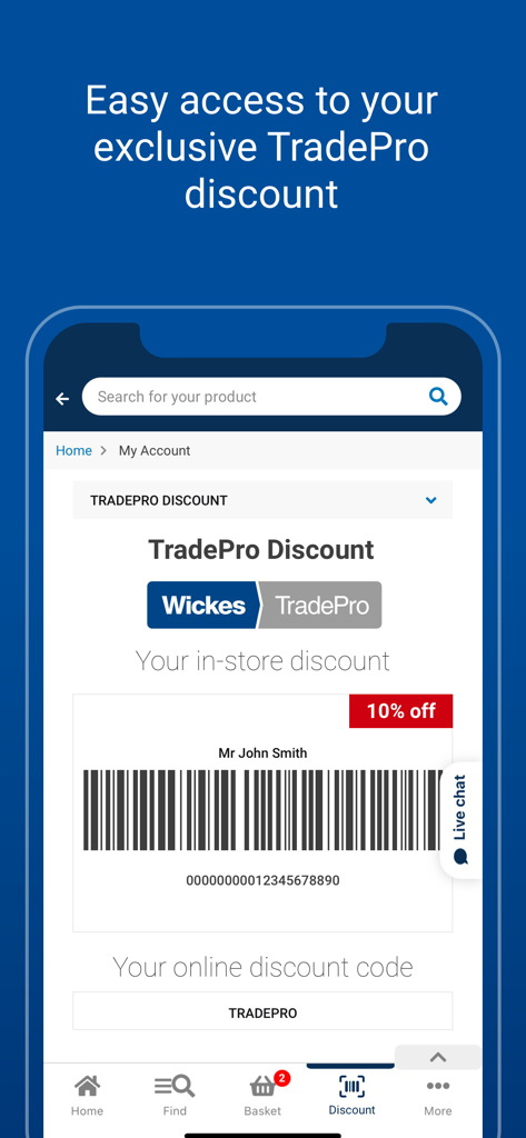 Wickes TradePro - Wickes TradePro app showing exclusive 10 percent in-store discount barcode and online code