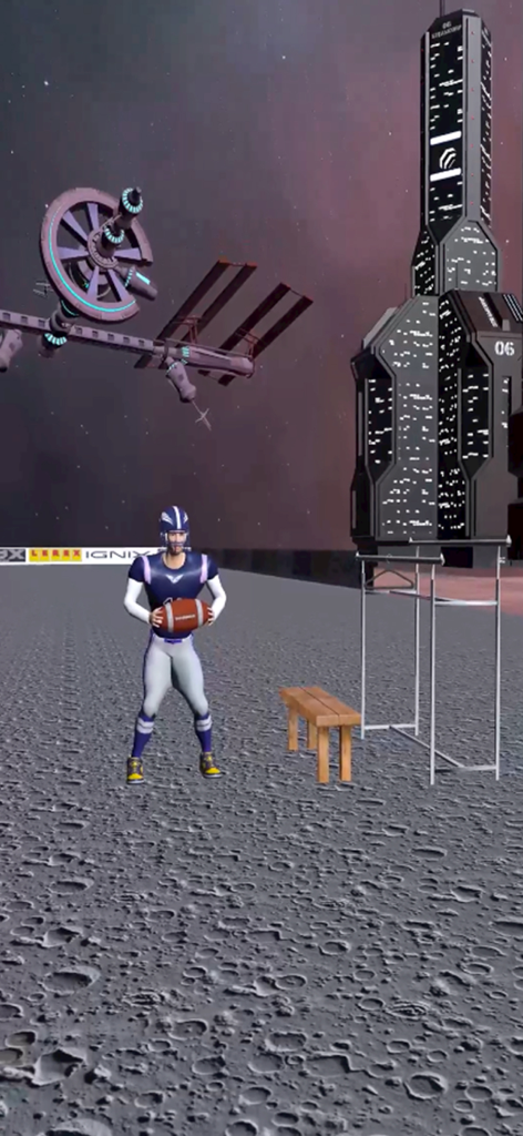 A rugby player holding a ball on the surface of the moon with futuristic buildings and space stations in the background.