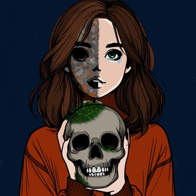 realistic girl holding a skull