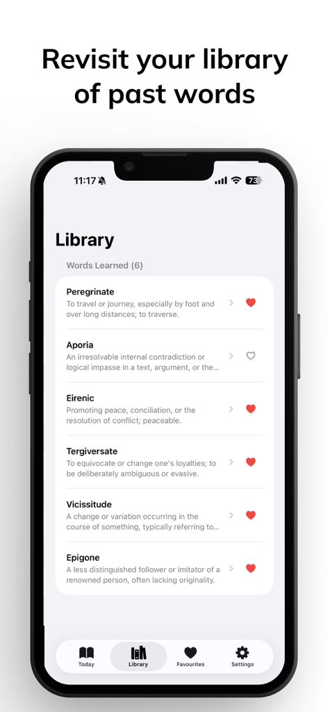 Eloquence - Speak Smarter - A library screen in the Eloquence app showing a list of learned advanced vocabulary words and their definitions.