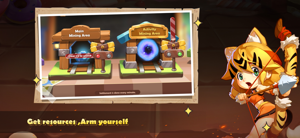 Legend of Arcadia - Resource mining interface in Legend of Arcadia mobile game featuring a cute archer character
