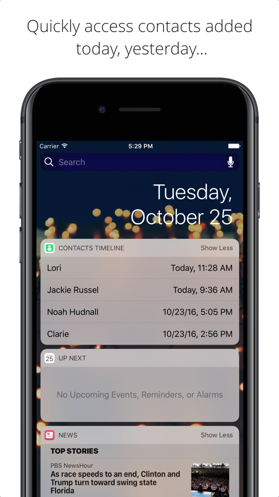 Contacts Timeline - Pantalla de inicio del iPhone mostrando el widget Línea de Tiempo de Contactos con una lista de contactos añadidos recientemente y sus horas de adición