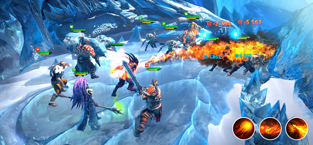 Tactical turn based RPG battle in an icy landscape with heroes and a frozen dragon