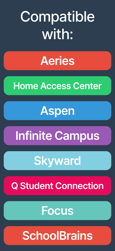 Gradekit: Track Grades & GPA - Una lista de sistemas de información estudiantil compatibles con Gradekit, que incluyen Aeries, Home Access Center y Skyward.
