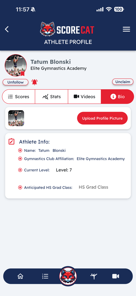 Athlete profile page for a gymnast in the ScoreCat mobile app showing personal stats and bio information.