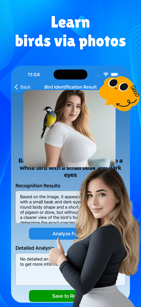 Wezzy - Wezzyのモバイルアプリインターフェース。アップロードされた写真からの鳥の識別結果を表示