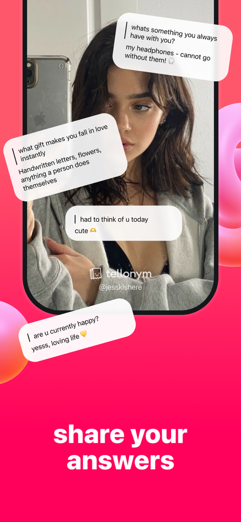 Un écran mobile montrant l'interface de l'application Tellonym avec des bulles Q&R anonymes superposées à la photo de profil d'une jeune femme.