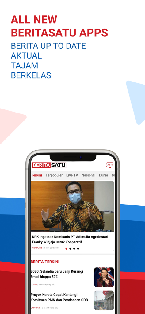 Interfaz de la aplicación de noticias BeritaSatu en un iPhone con titulares indonesios.