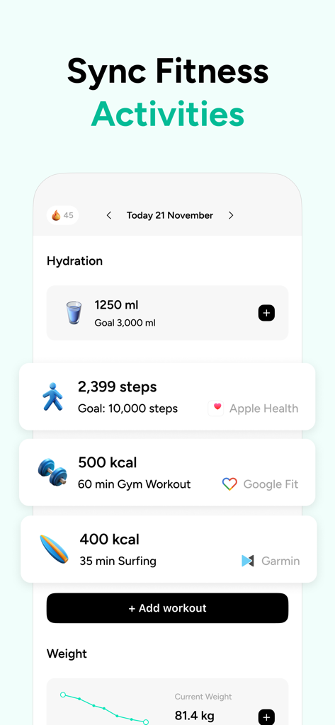 AI Calorie Counter by EatMeter - Interfaz de la aplicación EatMeter que muestra datos de fitness sincronizados de Apple Health, Google Fit y Garmin, incluyendo pasos, hidratación y calorías de entrenamiento