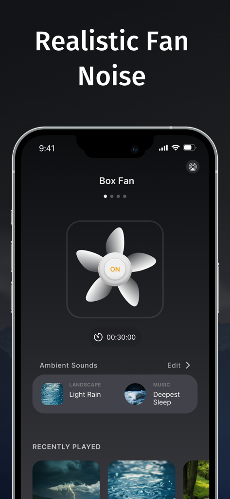 Tap Fan Noise for Sleep - Interfaz de la aplicación Tap Fan Noise para Dormir mostrando un reproductor de sonido de ventilador de caja con un temporizador de sueño y opciones de sonido ambiental