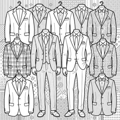 Explore a sophisticated collection of men's suits and blazers, ready for you to bring to life with color. This intricate coloring page showcases a variety of dapper styles, from classic pinstripes to modern patterns, perfect for any fashion enthusiast.