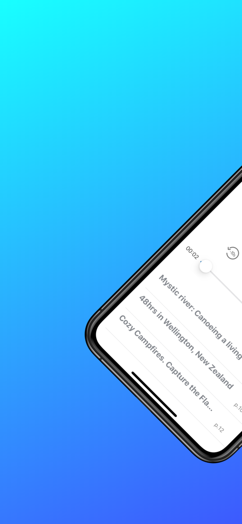 Vocable - A smartphone showing the Vocable app interface with a list of news articles and an audio player for synchronized listening.