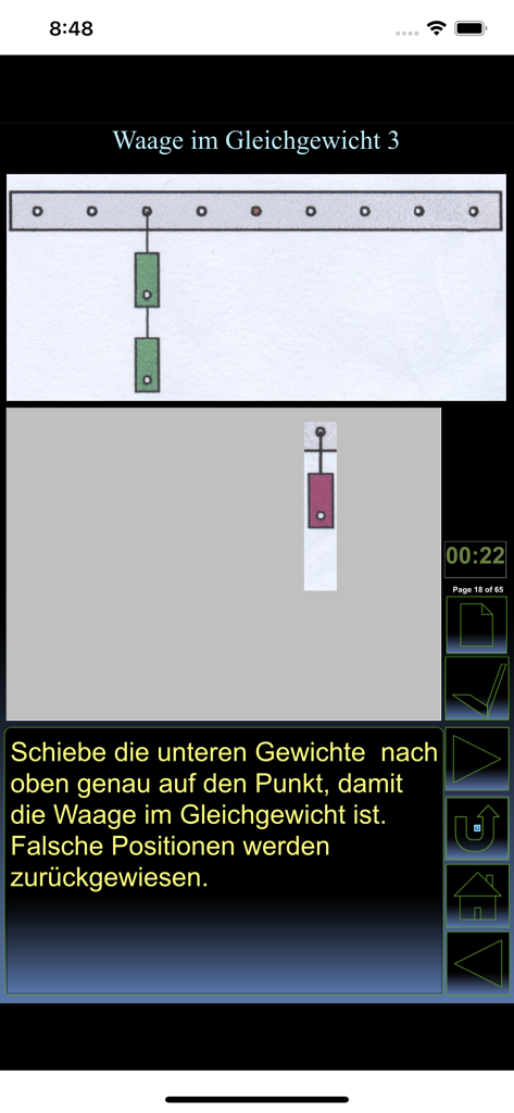 iPhysik 1 Quiz deutsch - Interactive physics quiz showing a balance scale exercise for learning mechanics