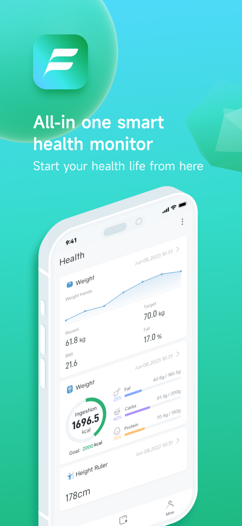 Fitdays+ - Fitdays plus app dashboard displaying weight trends macro nutrition and height tracking
