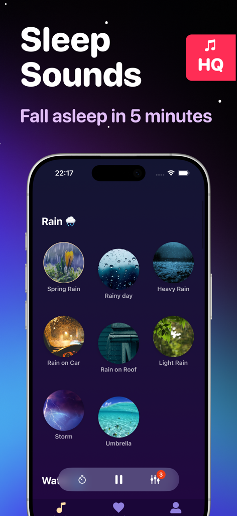 Mobile app interface for Smoothly showing a variety of high quality rain sounds to help users fall asleep