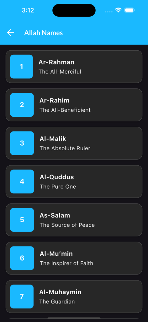 Une liste des noms d'Allah avec leurs traductions anglaises dans l'application du Coran