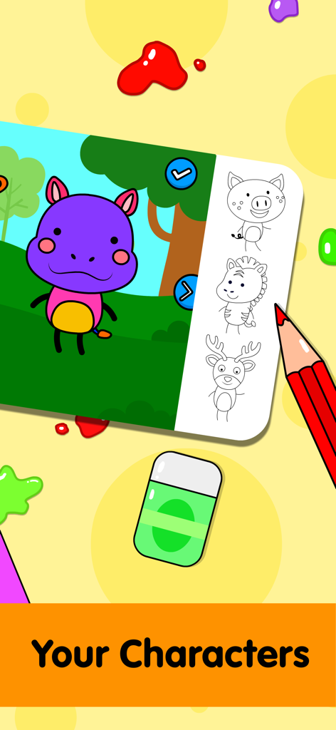 Coloring Pages for Kids & Book - Interfaccia di un libro da colorare per bambini con un ippopotamo viola e strumenti di disegno.