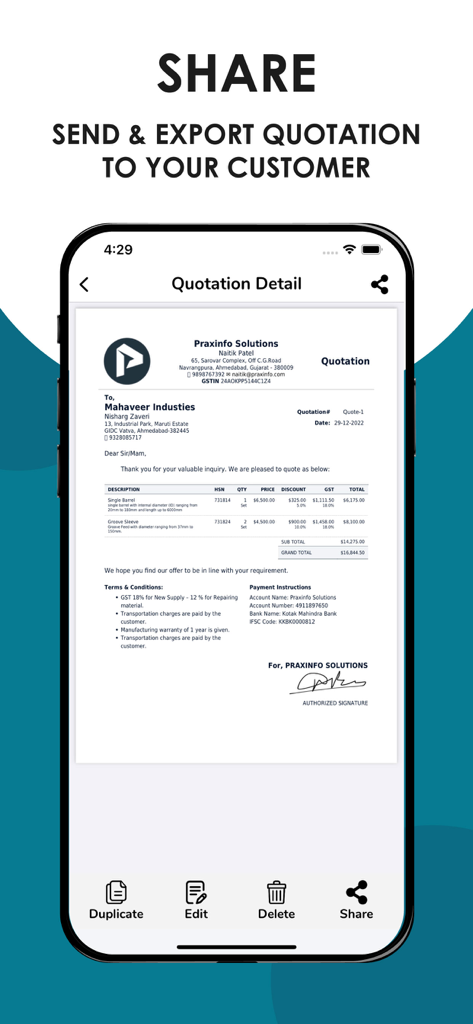 Quotation Maker - Tela de um smartphone exibindo uma cotação comercial profissional com opções para editar e compartilhar.