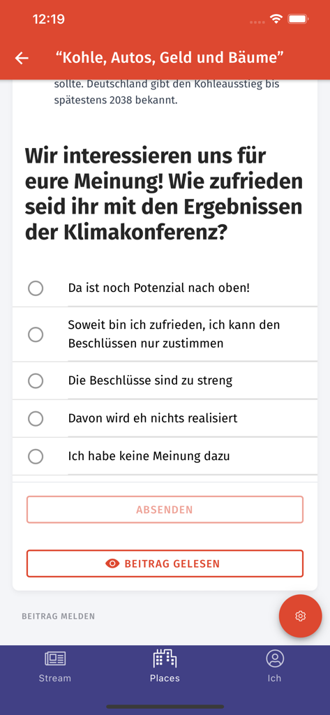 PLACEm - Die Mitrede-App - Une interface d'application mobile affichant un sondage d'engagement civique avec des options à choix multiples sur les résultats d'une conférence sur le climat.