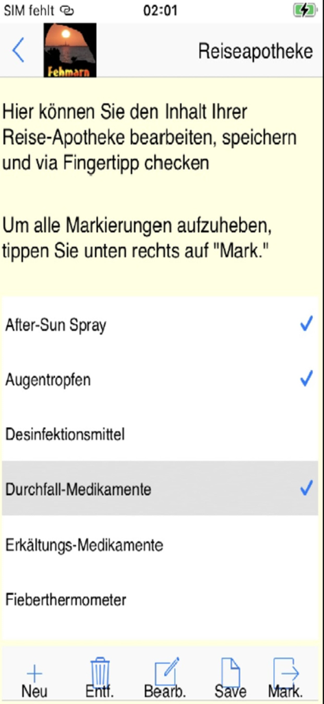 A digital travel pharmacy checklist within the Fehmarn holiday app showing various medical items with checkmarks.