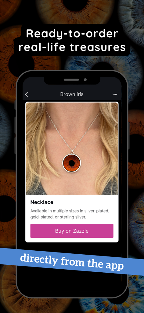 Eyepic: Eye Color Camera - Eine mobile App-Oberfläche zeigt eine Halskette mit einer hochauflösenden braunen Iris-Fotografie und einer Kaufschaltfläche für personalisierten Schmuck