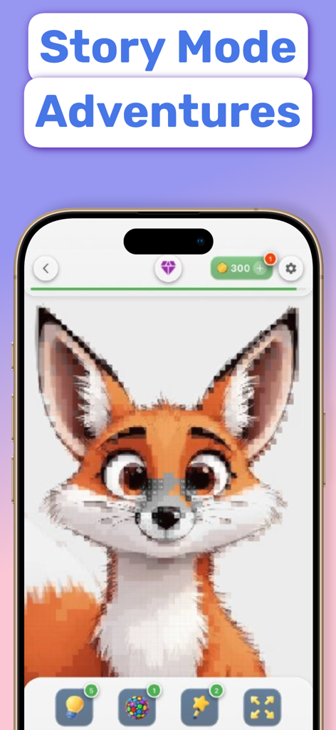 NumColor AI - Coloring Games - Página de colorir de raposa em pixel art na interface NumColor AI Story Mode Adventures.