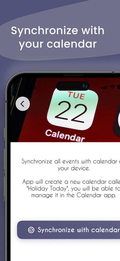 National Holiday Today - National Holiday Today app interface for synchronizing events with the device calendar