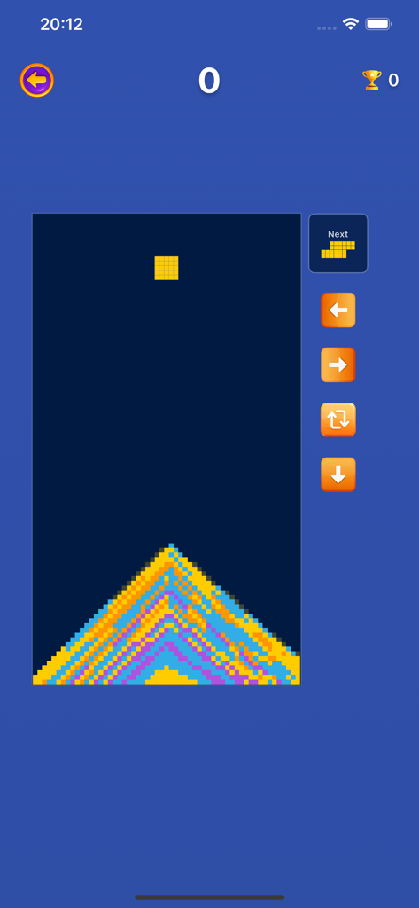 Gameplay of a sand based block puzzle game with colorful pixels and directional controls