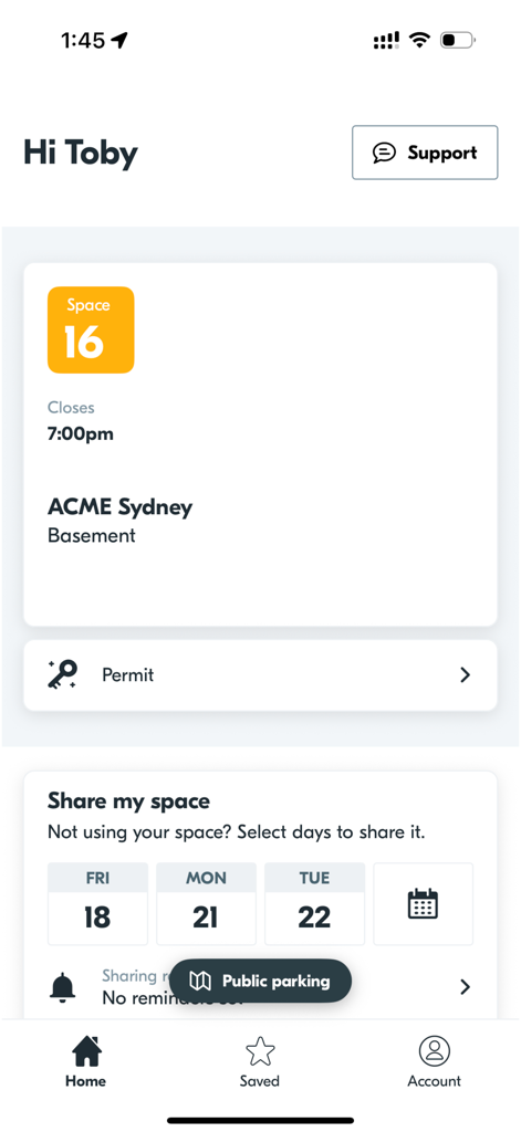Parkable app home screen showing reserved parking spot details and a calendar to share parking spaces