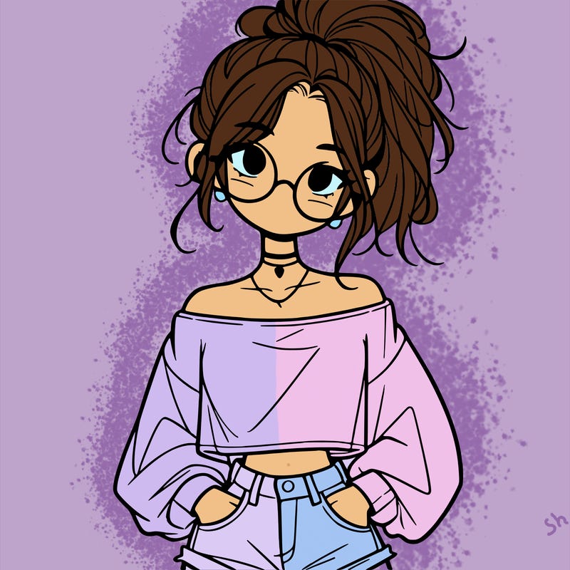 girl with a messy ponytail glasses a baggy crop top and jean shorts