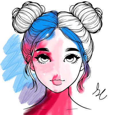realistic girl with two buns on top of her head