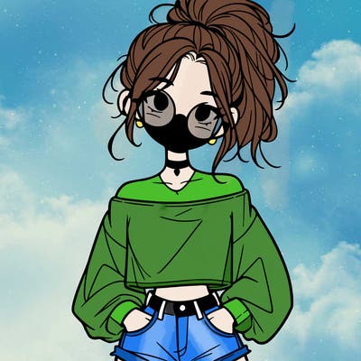 girl with a messy ponytail glasses a baggy crop top and jean shorts