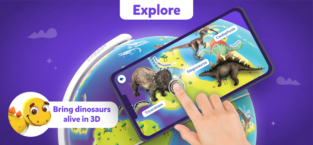 Ein Smartphone-Bildschirm, der 3D-Augmented-Reality-Dinosaurier auf einem physischen Globus zeigt