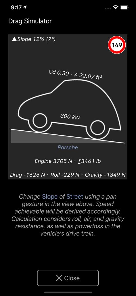 Harrys LapTimer Drag Simulator showing car performance and physics data