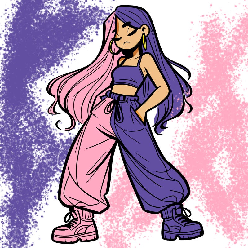 girl in baggy pants crop top and long hair