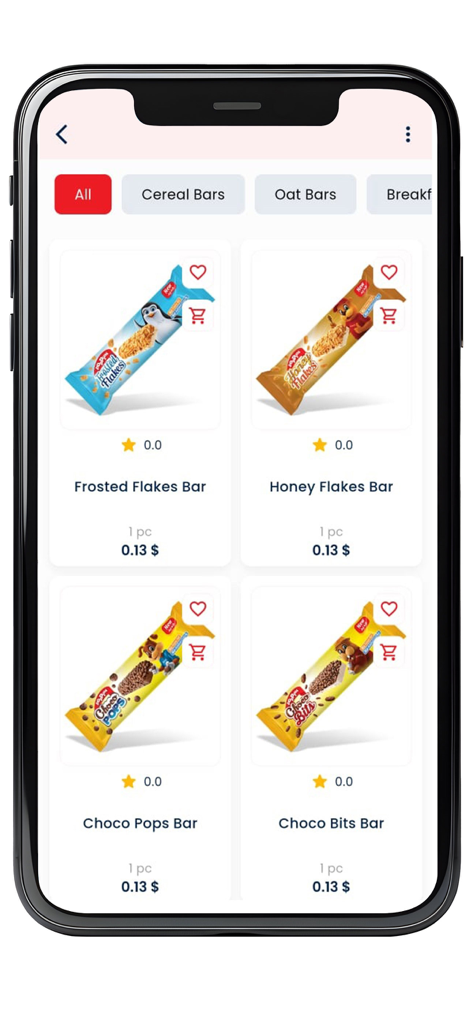Difco Delivery - Difco Delivery mobile app interface showing a selection of Poppins cereal bars with prices