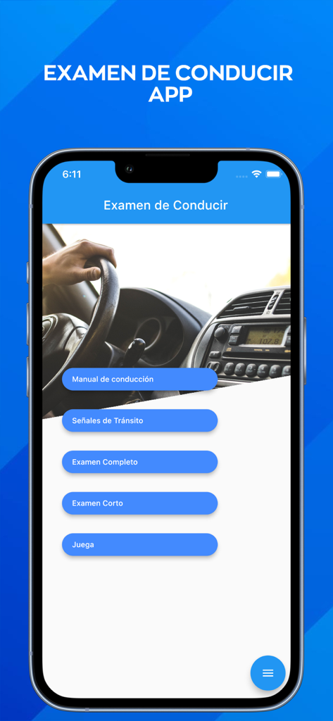 ConducirTest - Main menu of the ConducirTest driving exam app showing study options and practice tests in Spanish
