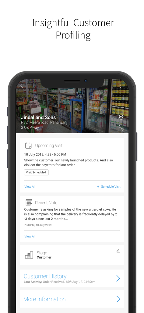BeatRoute | CRM SFA - Mobile app interface showing detailed customer profile and visit scheduling for field sales teams