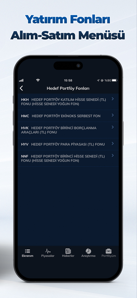 Schermata dell'app mobile InfoTrade Pro che visualizza il menu di acquisto e vendita di fondi di investimento