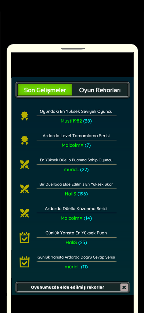 İslami soru cevap oyunu - A leaderboard screen showing various player records and achievements in the Islamic trivia game.