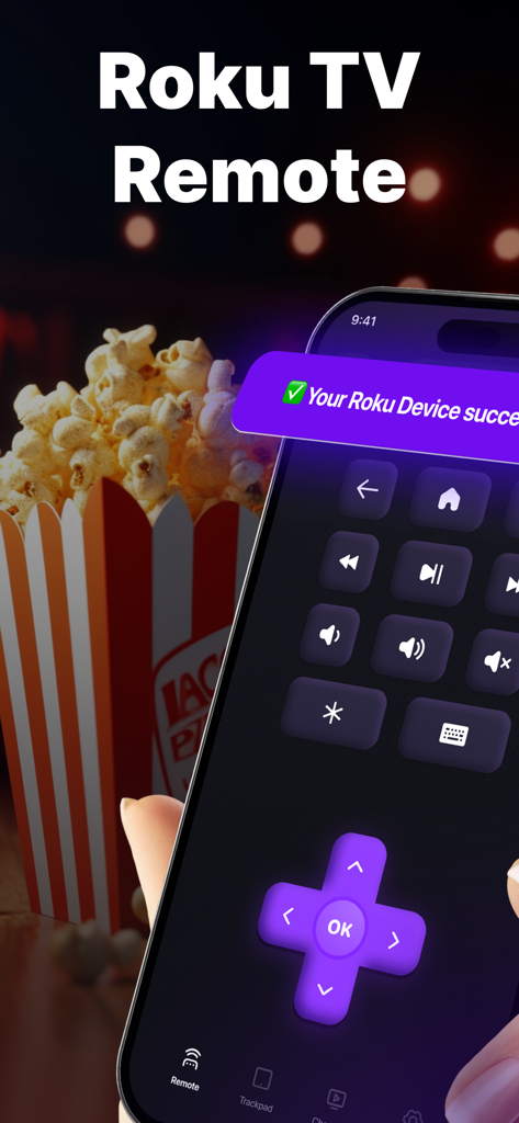 Roku TV remote app interface on an iPhone with a popcorn background.