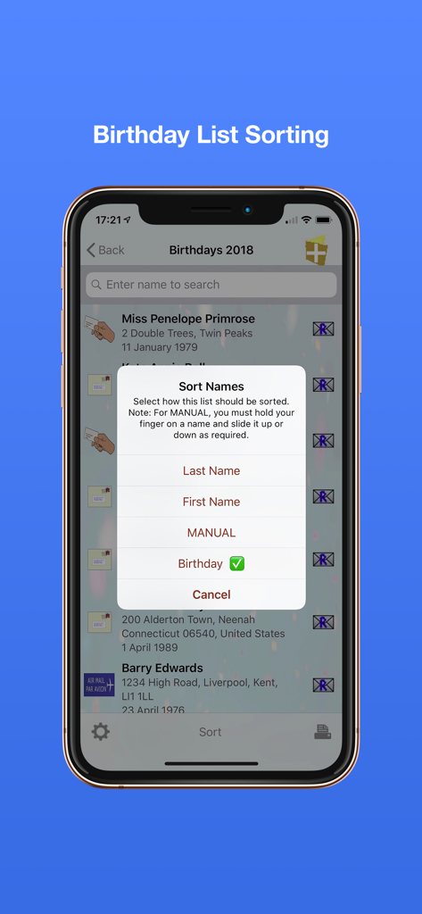 Address Labels & Envelopes - Pantalla del iPhone que muestra el menú de clasificación de la lista de cumpleaños en la aplicación Etiquetas de Direcciones