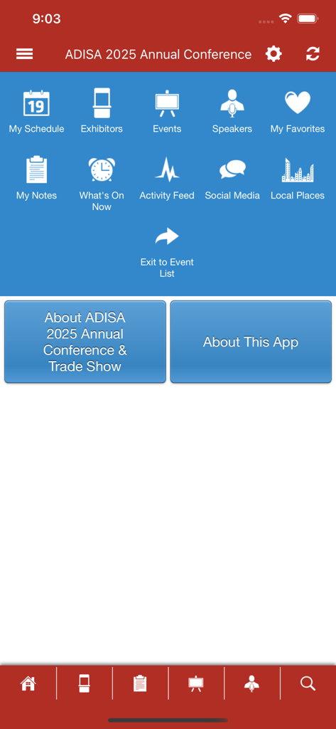 Main menu of the ADISA 2025 Annual Conference mobile app with event planning icons