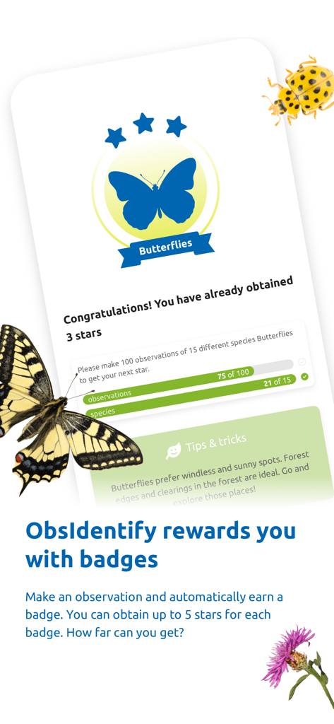 ObsIdentify - ObsIdentify app screen showing earned butterfly badges and progress trackers for nature observations
