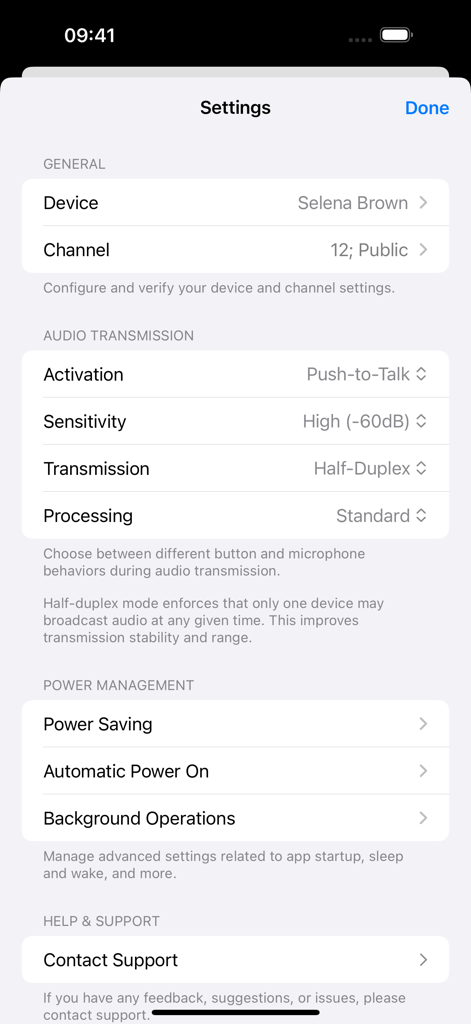 DirectTalk (Walkie Talkie P2P) - Settings screen of the DirectTalk app showing audio transmission activation sensitivity and power management options.