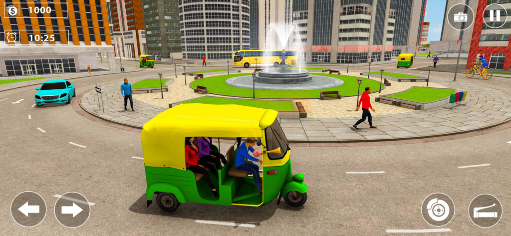 Tuk-Tuk Auto Rickshaw Games - Tuk-tuk auto rickshaw driving through a modern city square with passengers